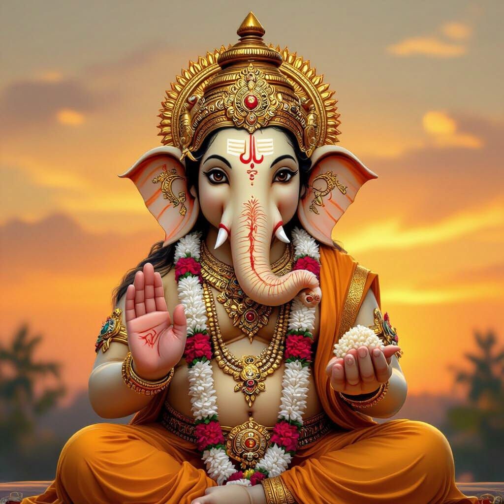 Ganesh Cradles Rice Grain in Ornate Armor