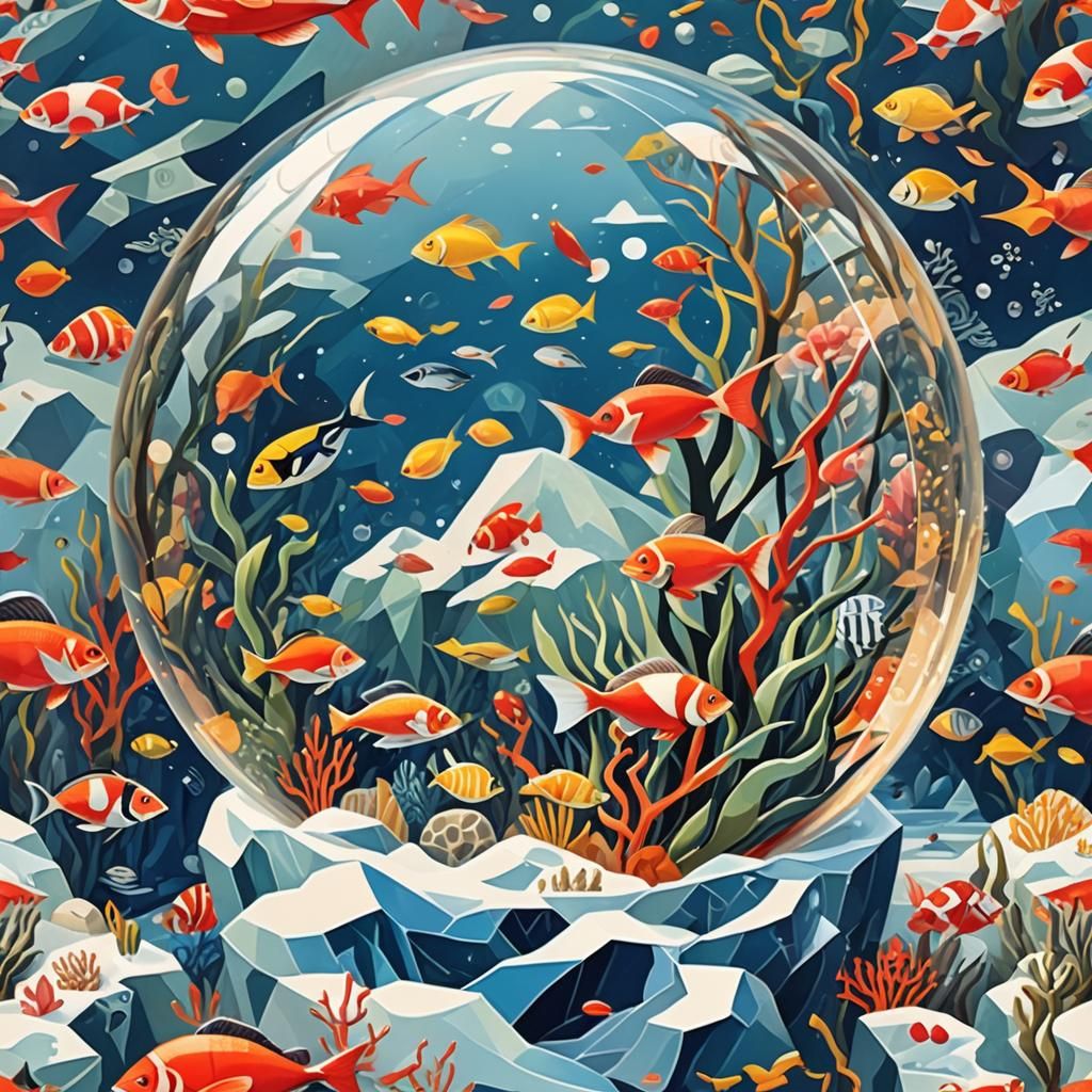 Coral Reef in Snow Globe: Abstract Cubism Style