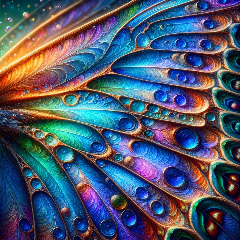 Intricate details of a butterfly's wing, magnified to reveal a stunning mosaic of iridescent scales.  (Search: macro)