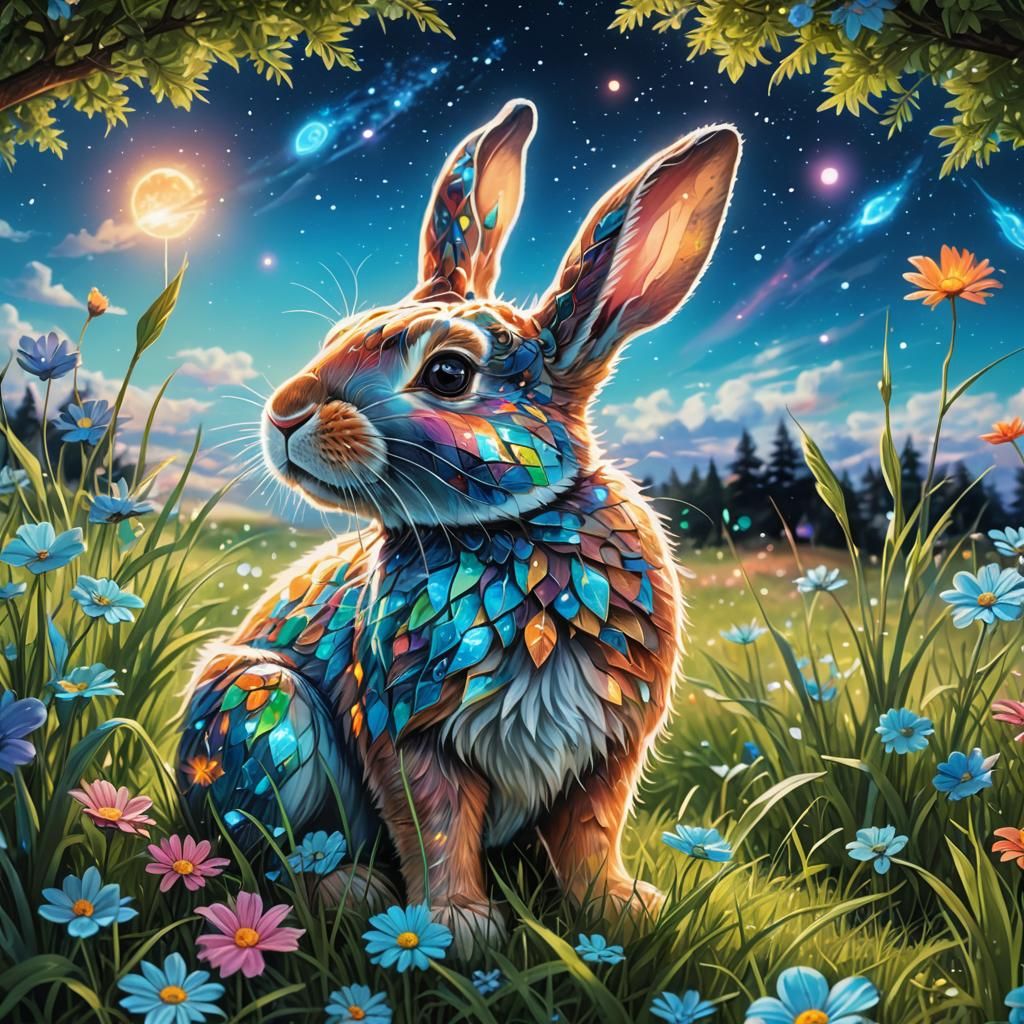 Astral Glowing Bunny Nibbling Grass Illustration