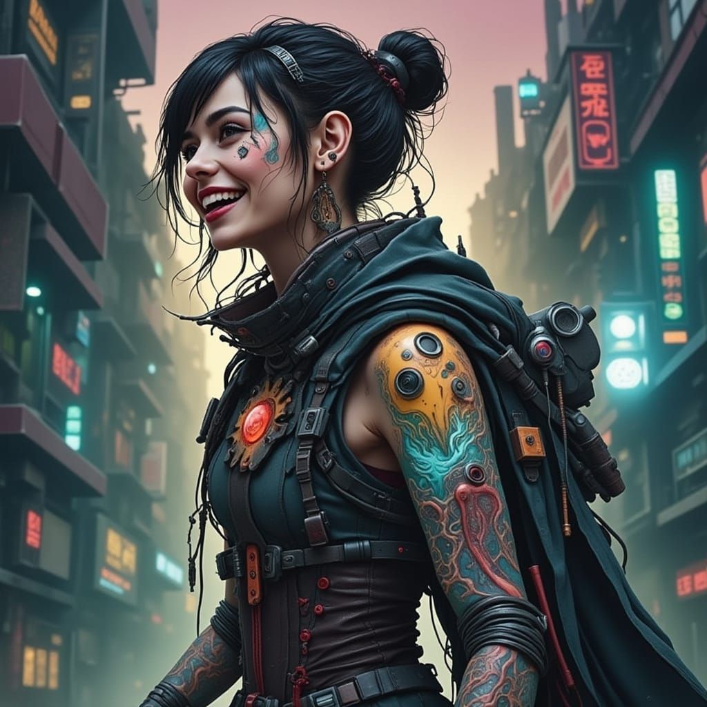 Laughing Cyberpunk Woman with LED Tattoos