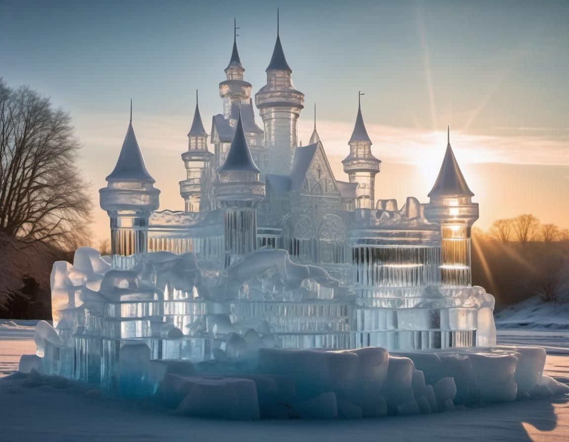 Ethereal Ice Sculpture Castle in Winter Landscape