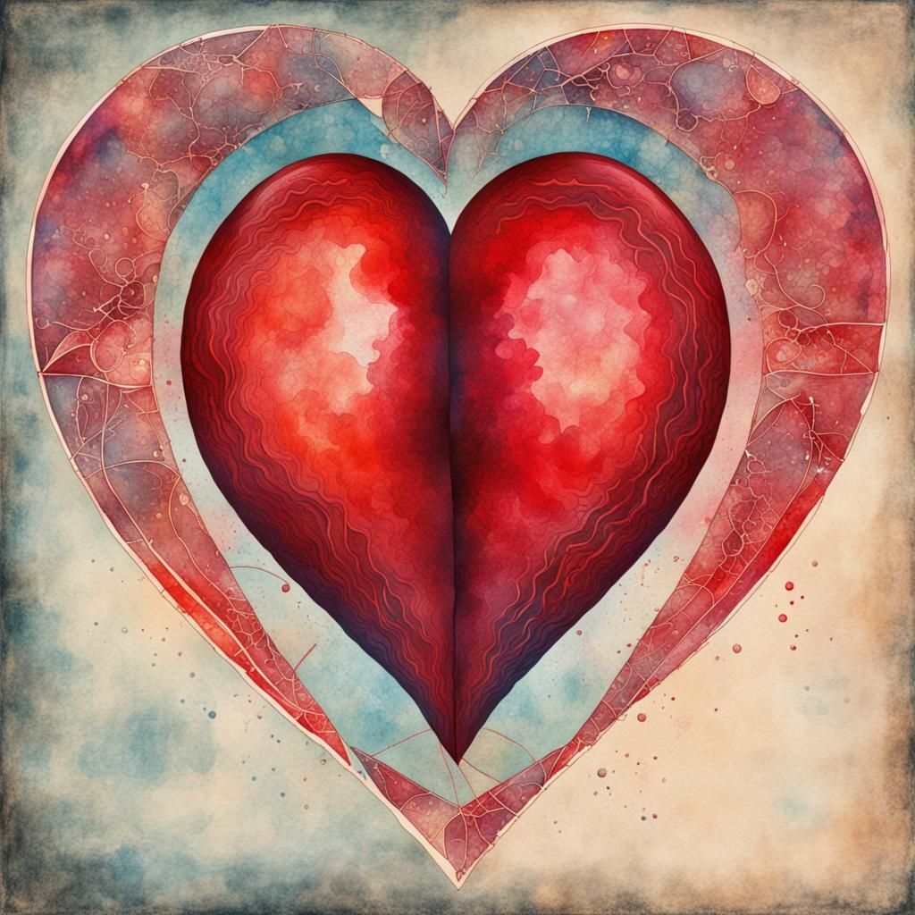 Divided Red Heart in Vintage Watercolour Style