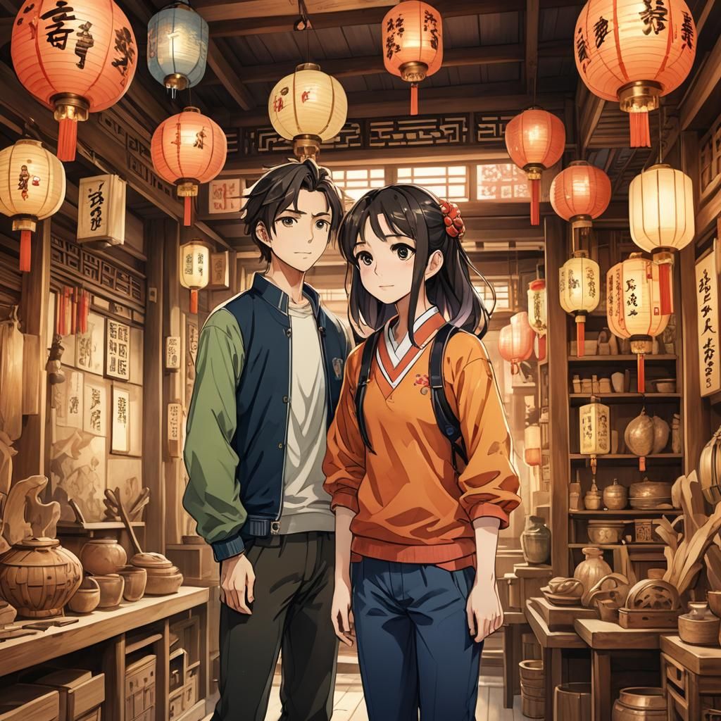 Anime-Style Wood Carving Shop Scene