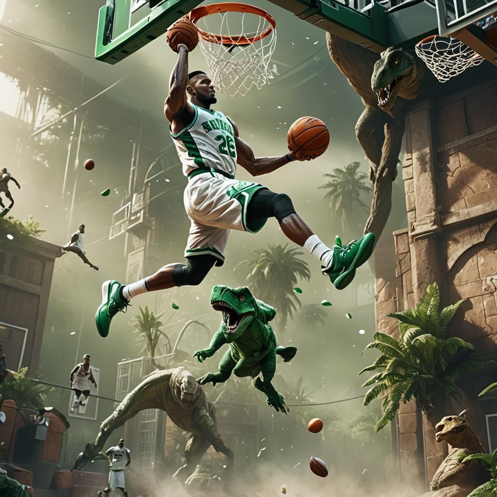 Basketball Player Dunks Over T-Rex: Matte Painting