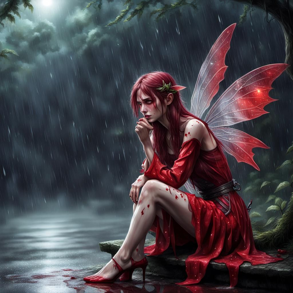 Sad Crimson Fairy in the Rain