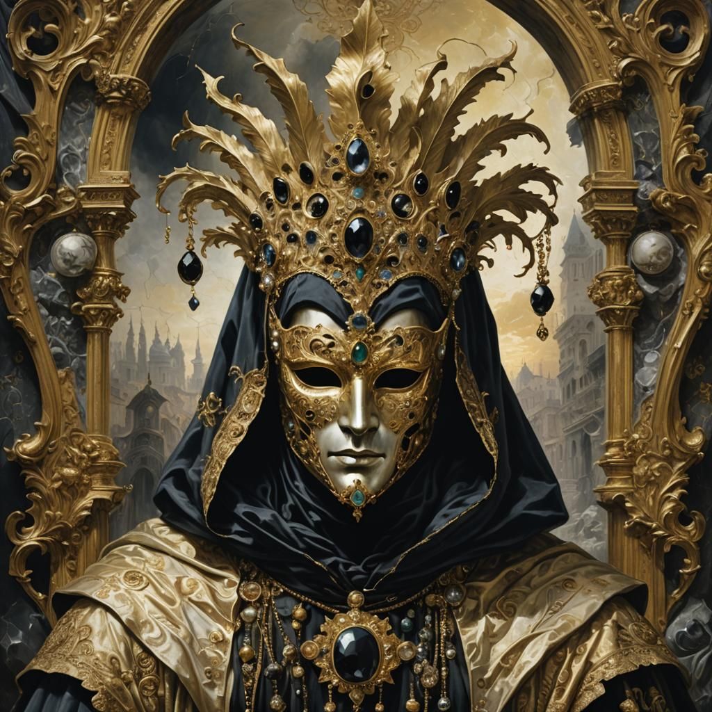 Figure in Venetian Mask with Gothic Horror Elements