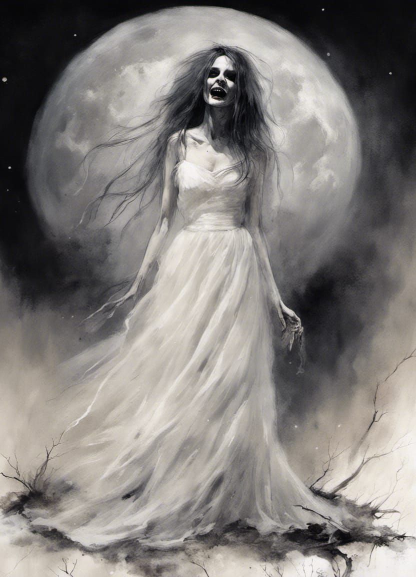 Ghostly Bride Wails at Moon in Despair