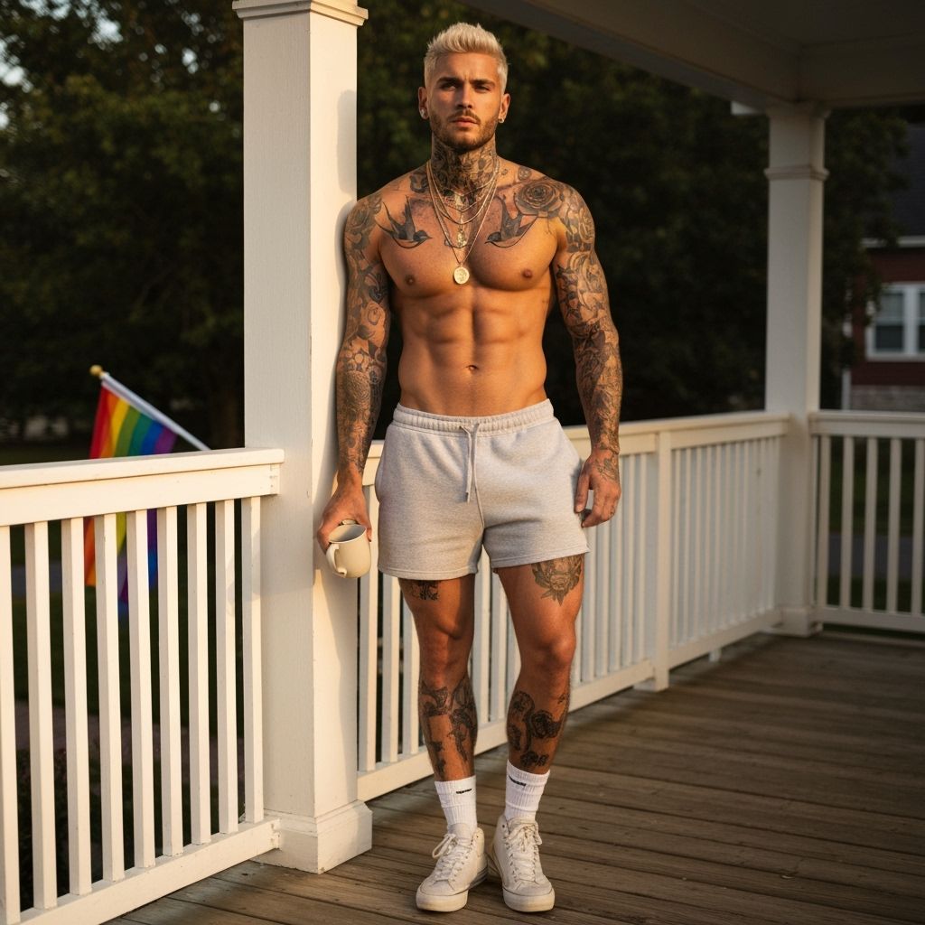 Muscular Man with Tattoos on Suburban Porch at Sunrise