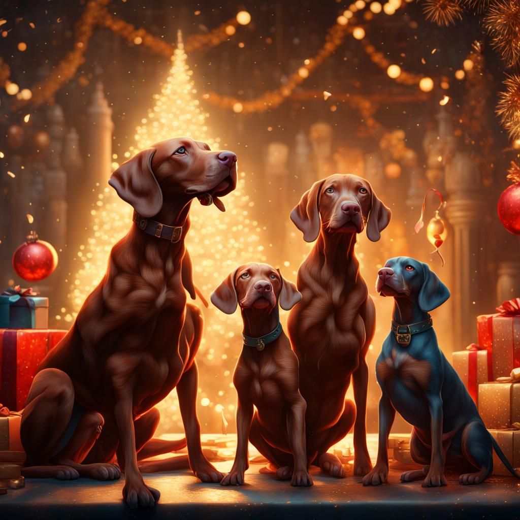 Vizsla Family Celebrates New Year in Matte Painting Style