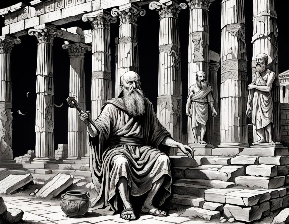 Ancient Bard Sings at Ruined Temple, Detailed Drawing