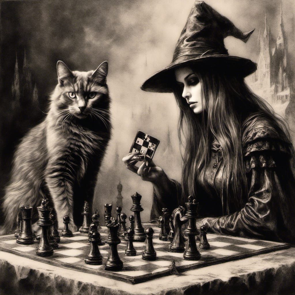 Witch and Cat Play Chess in Charcoal Drawing