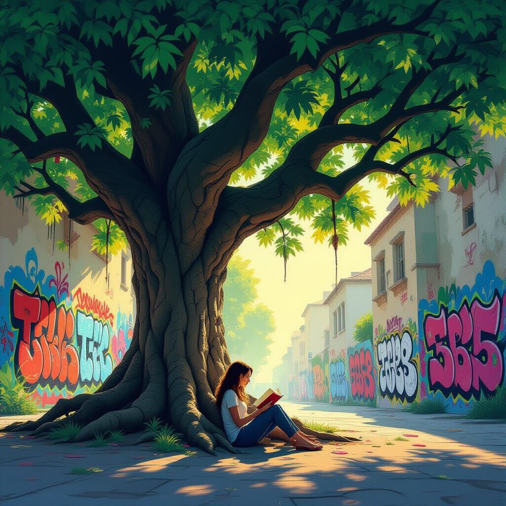 Mythical Bioluminescent Tree and Reading Woman in Graffiti S...