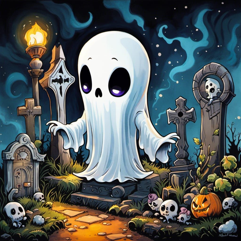 Chibi Ghost in Haunted Graveyard: Watercolor Graffiti Art