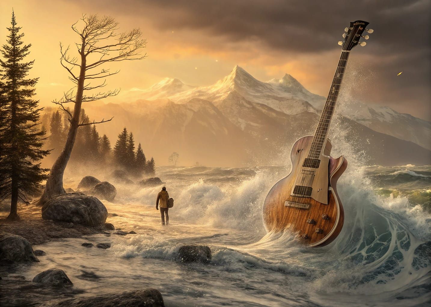 Surreal Guitar Double Exposure with Seascape