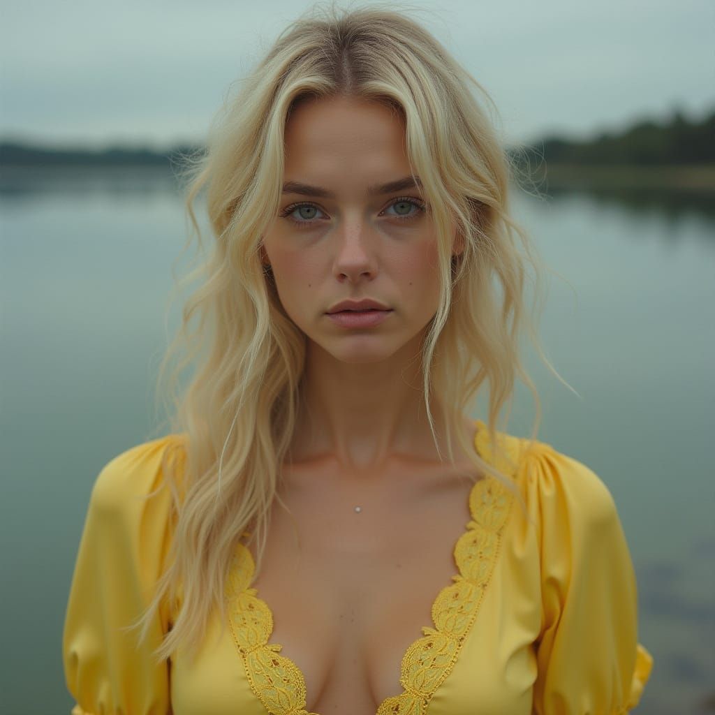 Sad Woman by Lake in Hyperrealistic Style