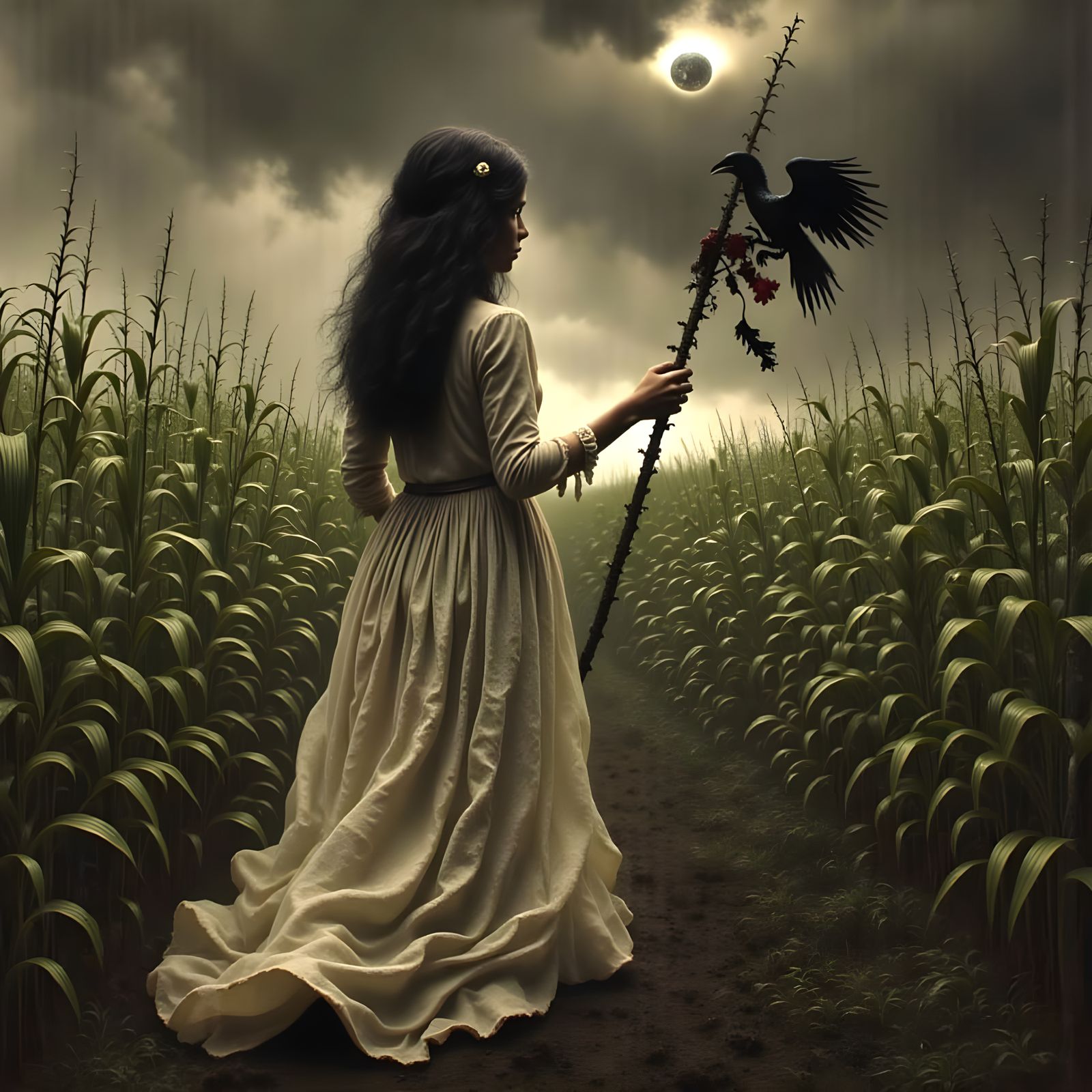 Haunted Woman Cornered in Dark Cornfield