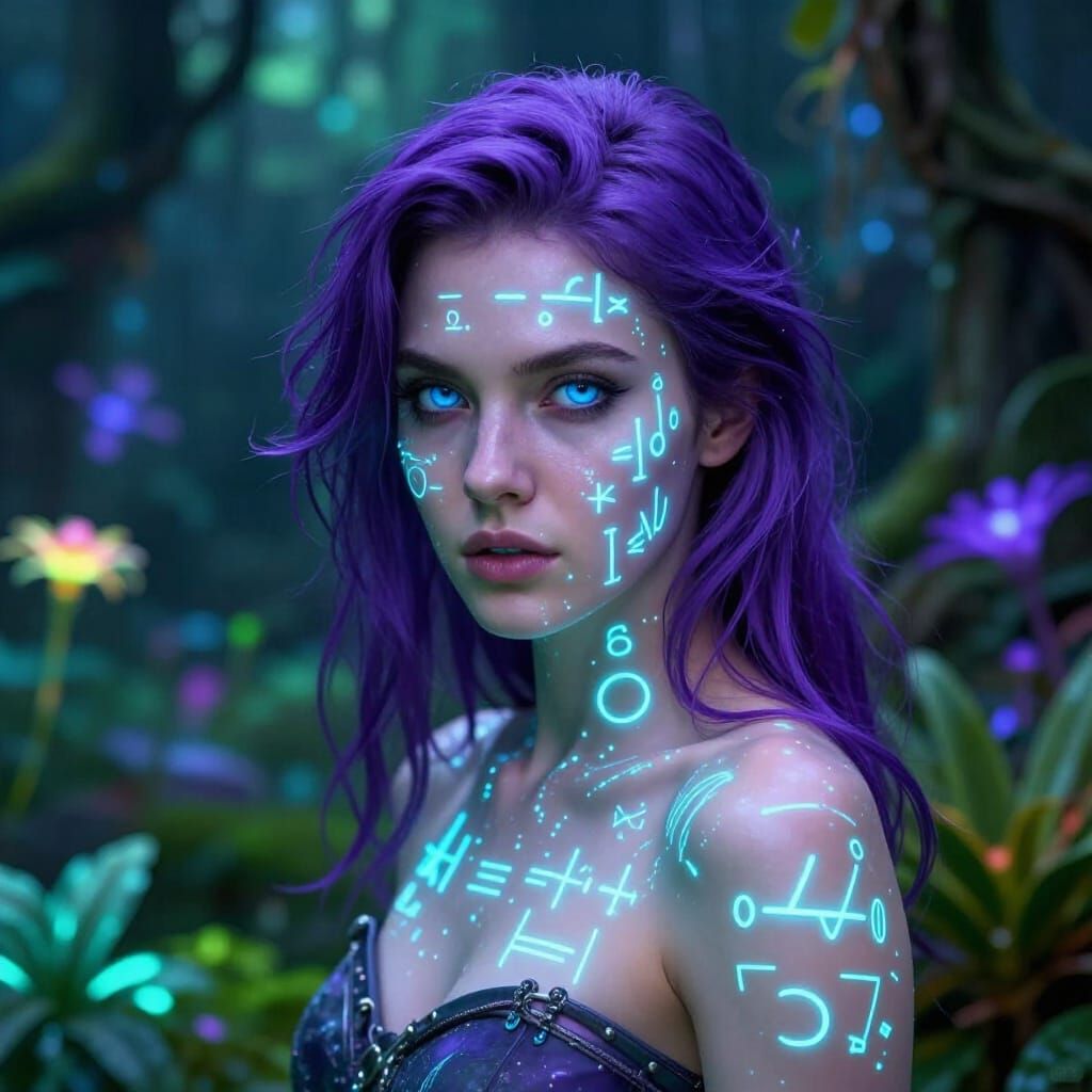 Futuristic Woman with Neon Math Formulas in Fantasy Garden