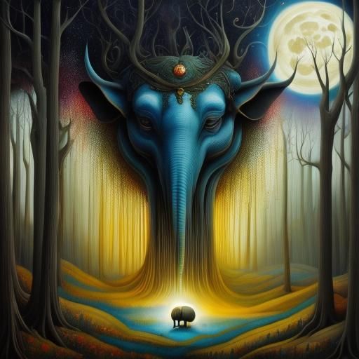 Elephant Alien Face in Surrealist Forest