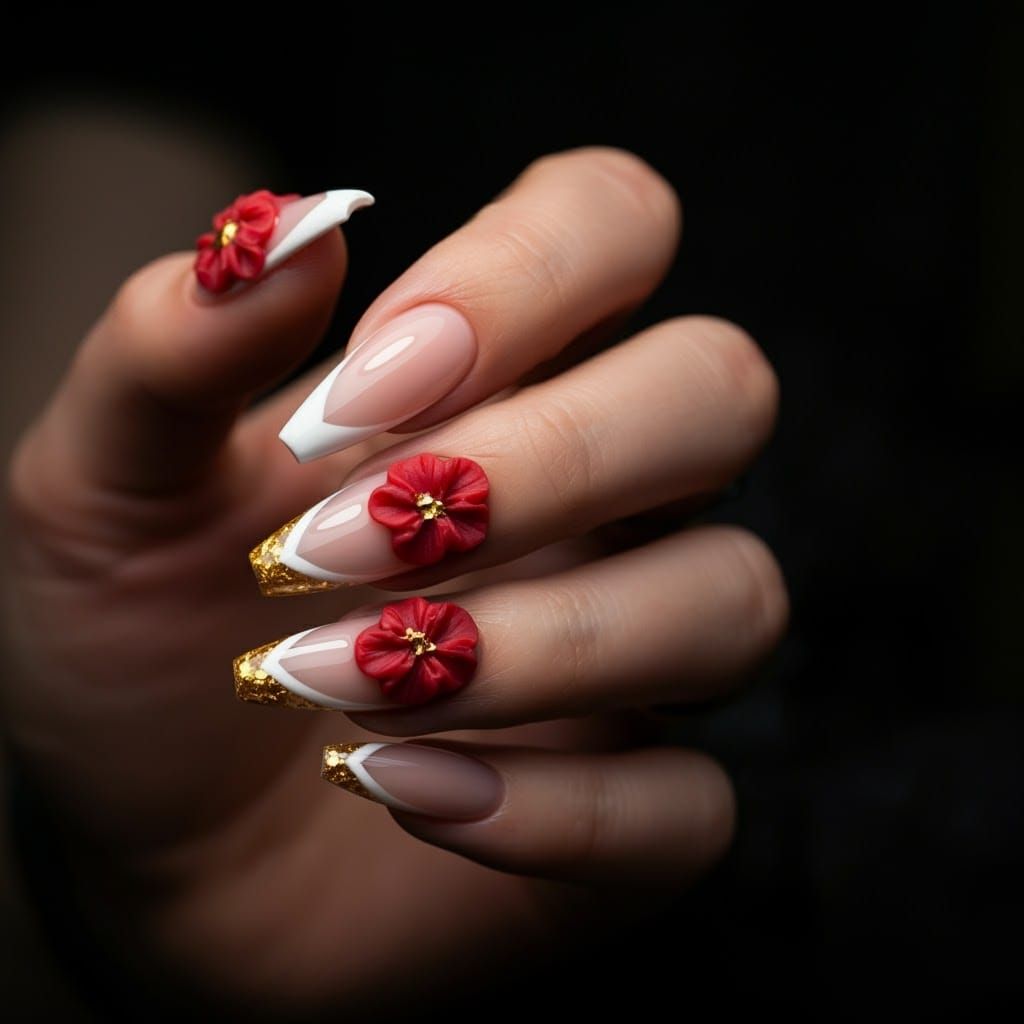 Elegant French Tip Nail Art with Floral Accents