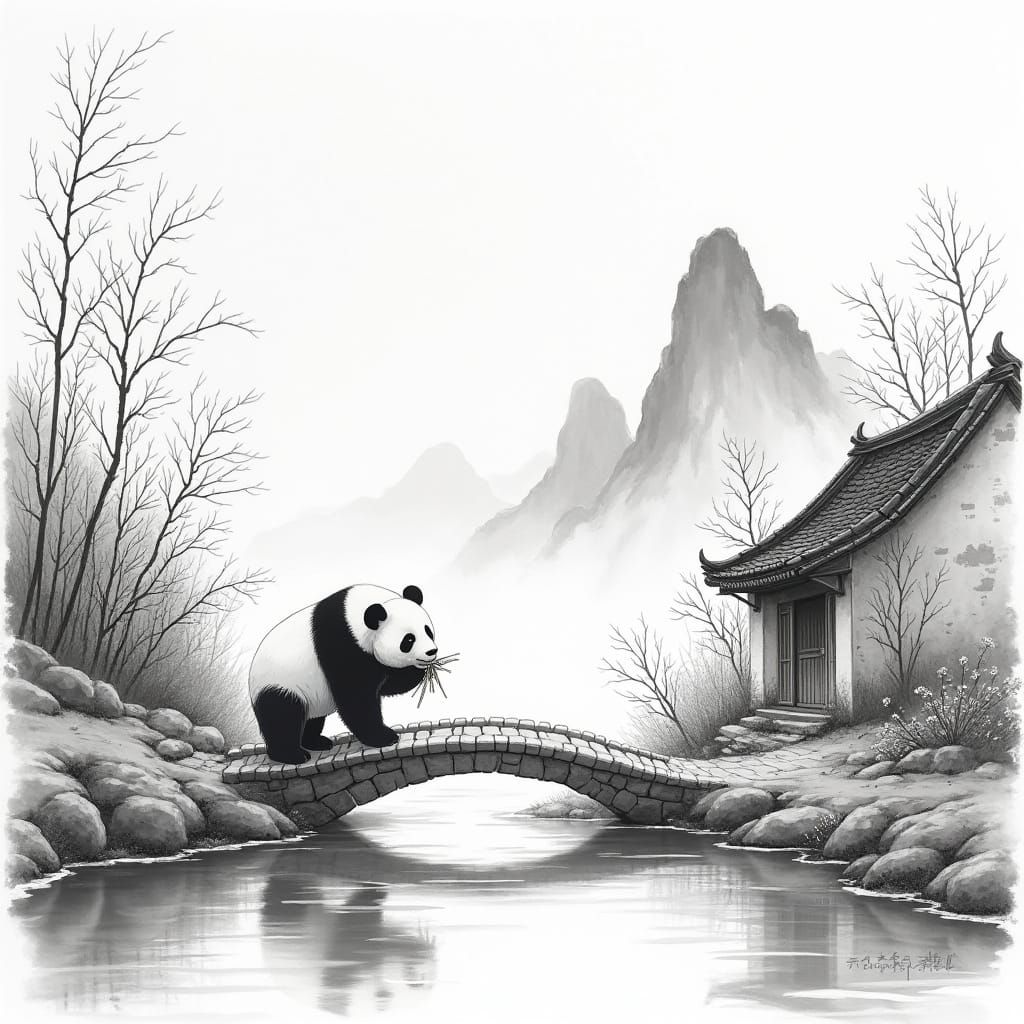 Panda Eats Bamboo: Chinese Ink Painting of Huangshan