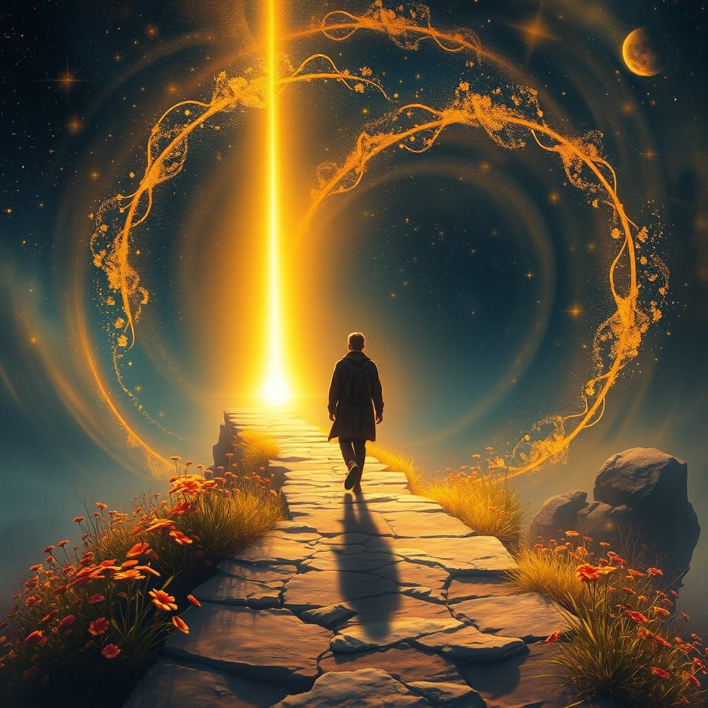 Mystical Digital Painting of Traveler on Path to Inner Light