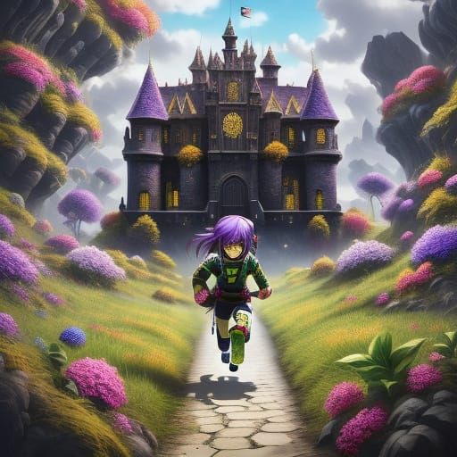 Anime-Inspired Girl Runs Towards a Vibrant Flower in a Whims...