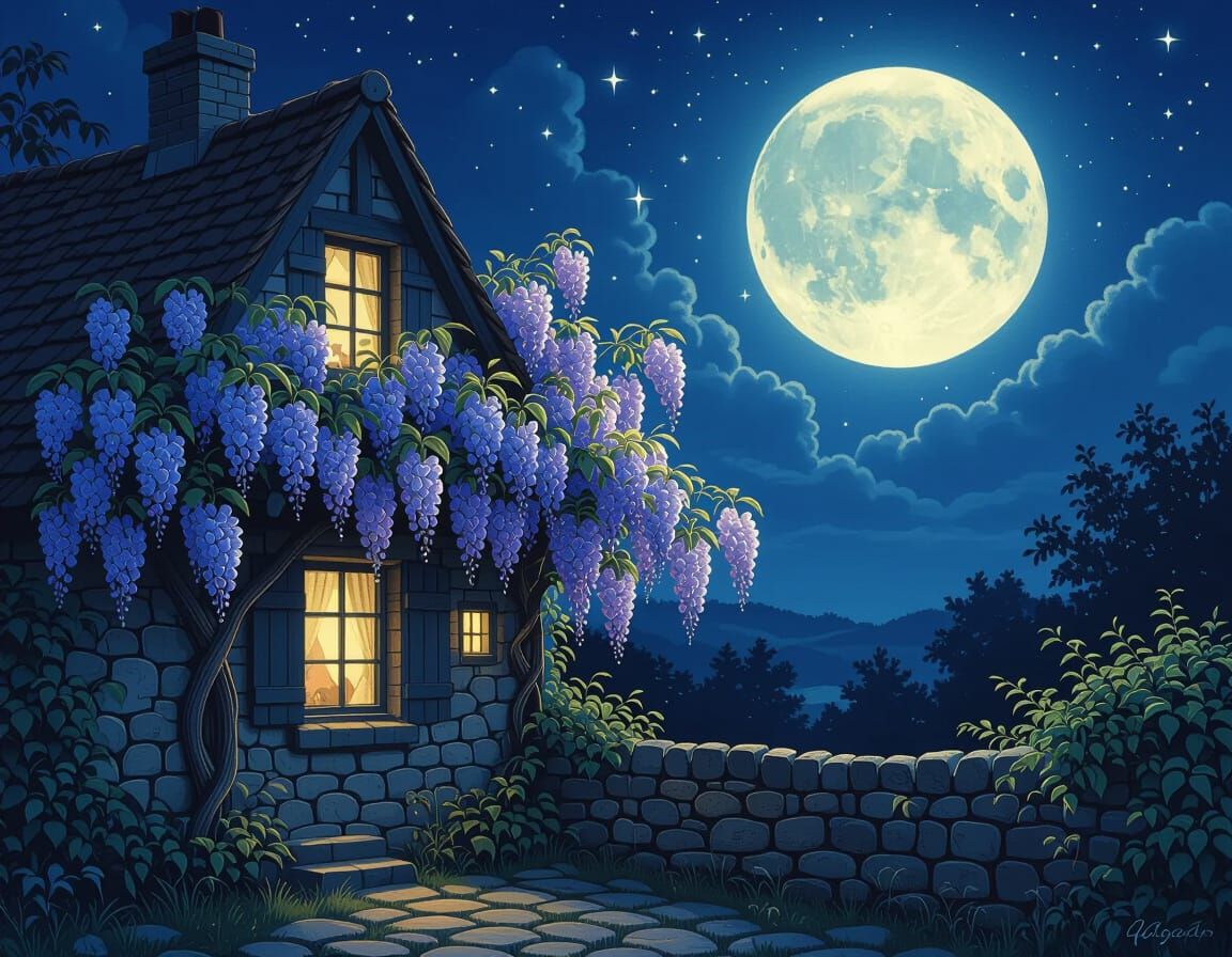 Moonlit Cottage with Blooming Wisteria in Figurative Art Sty...