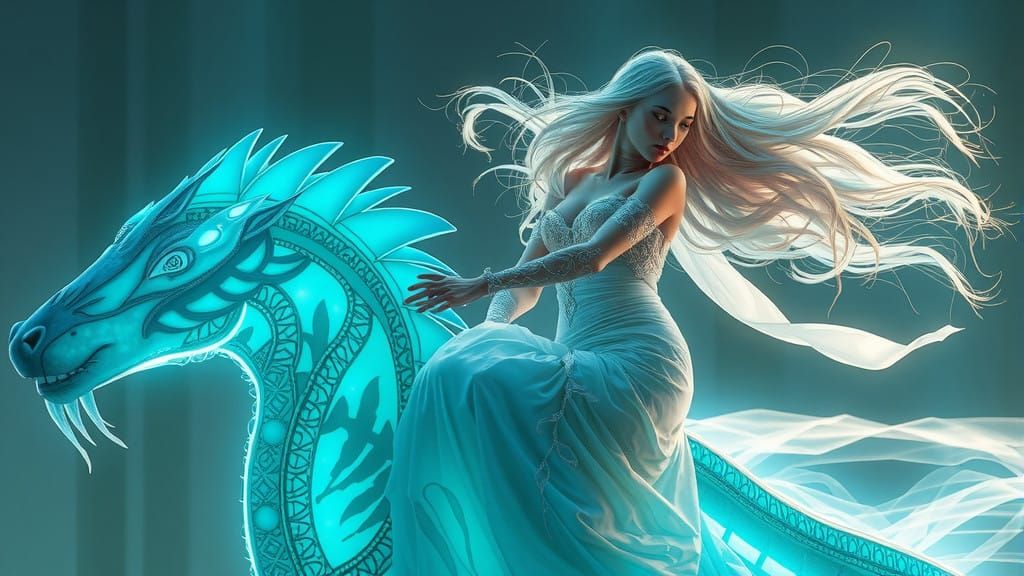Serene Maiden Rides Glowing, Iridescent Creature