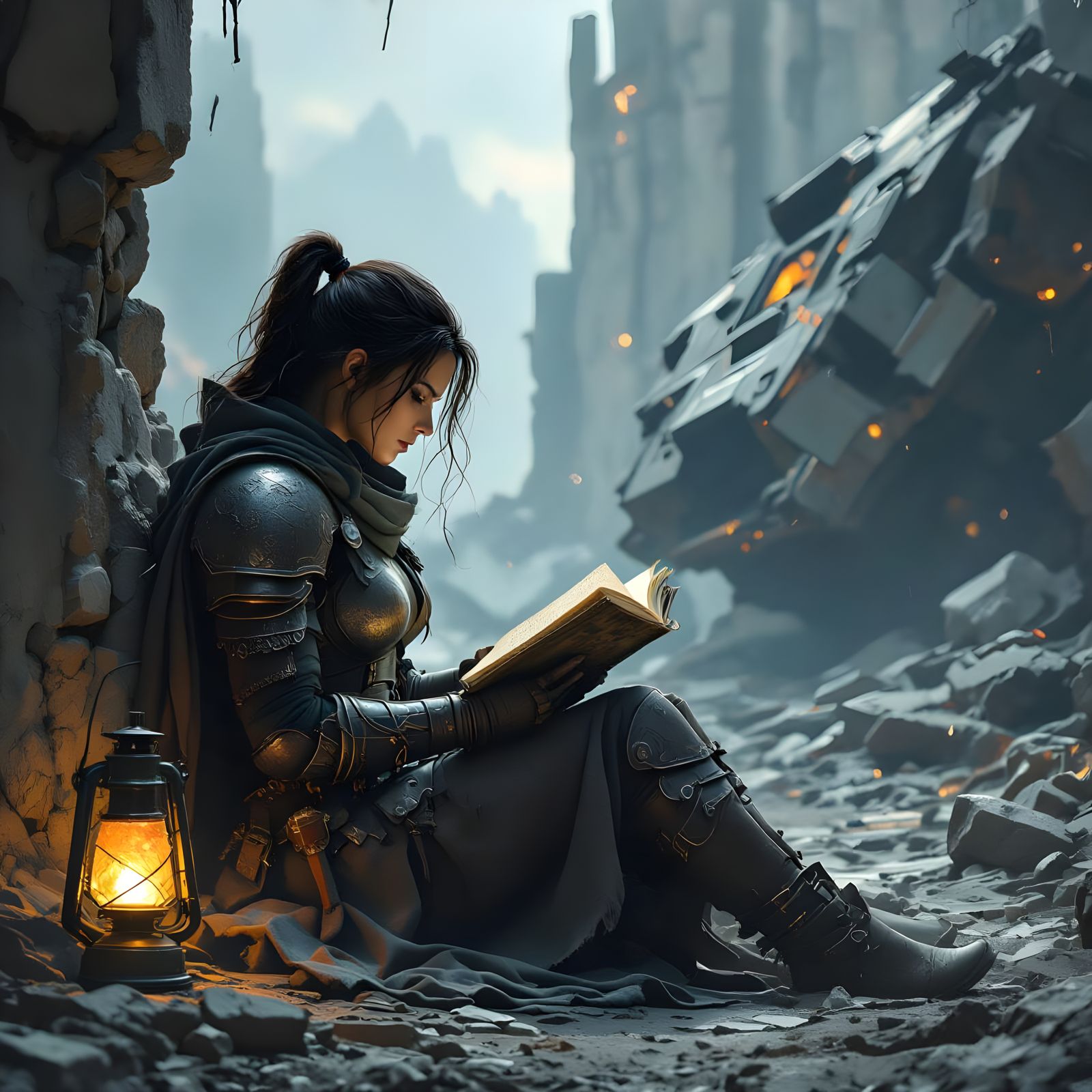 Warrior Woman Reading in Ruined War Machine