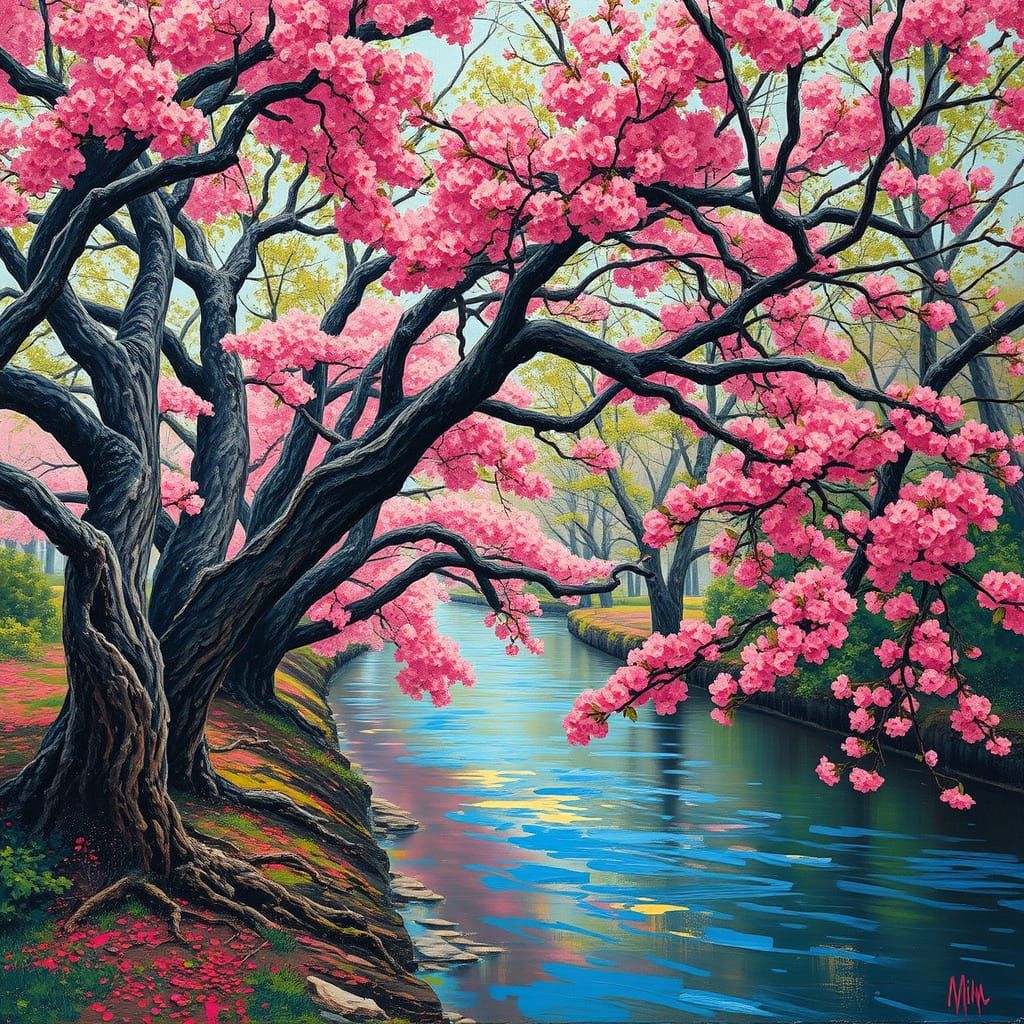 Majestic Cherry and Pear Trees Along the Serpentine River