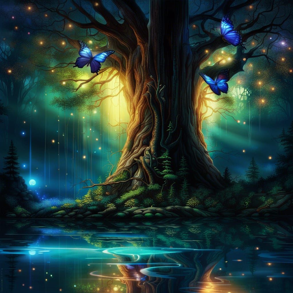 Giant Tree Reflected in Lake, Matte Painting