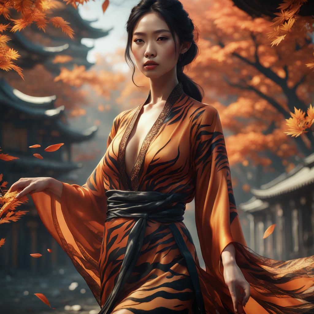 Asian Woman in Flowing Robe with Autumn Leaves