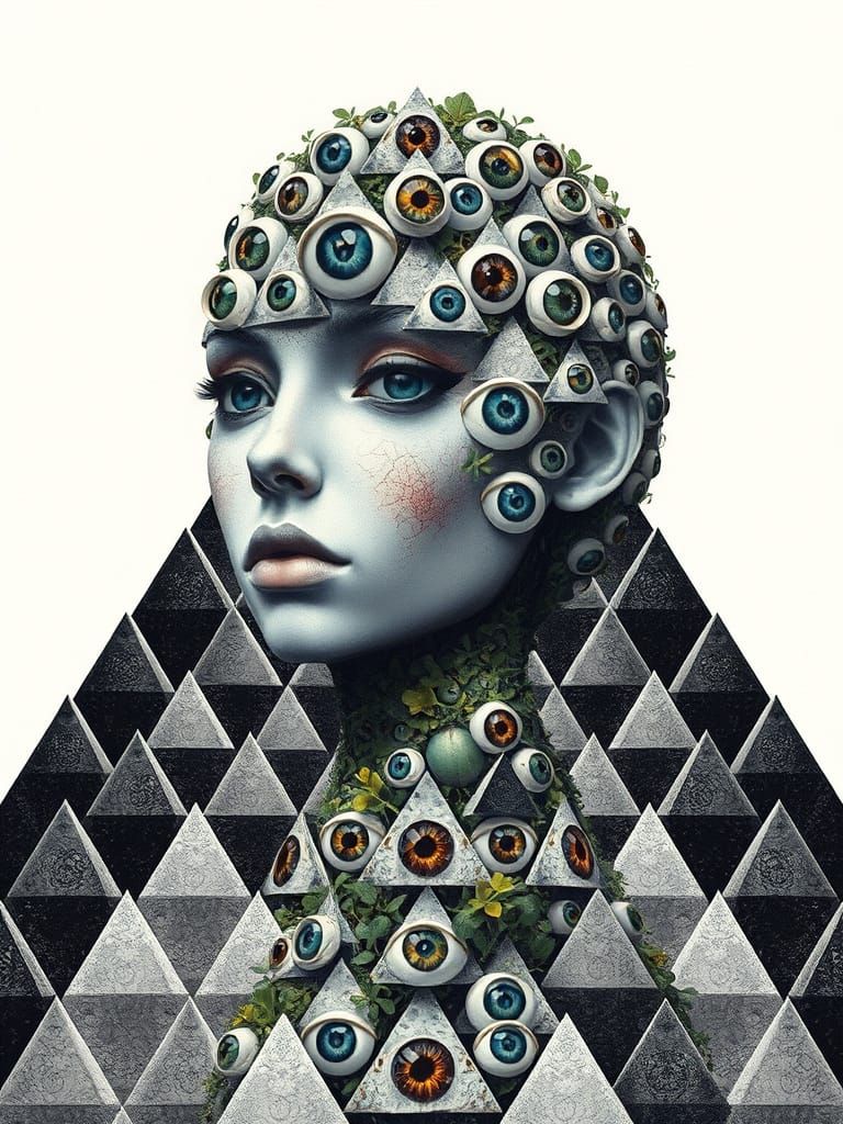 Surreal Vision of a Woman Made of Multicolored Eyes in a Bla...