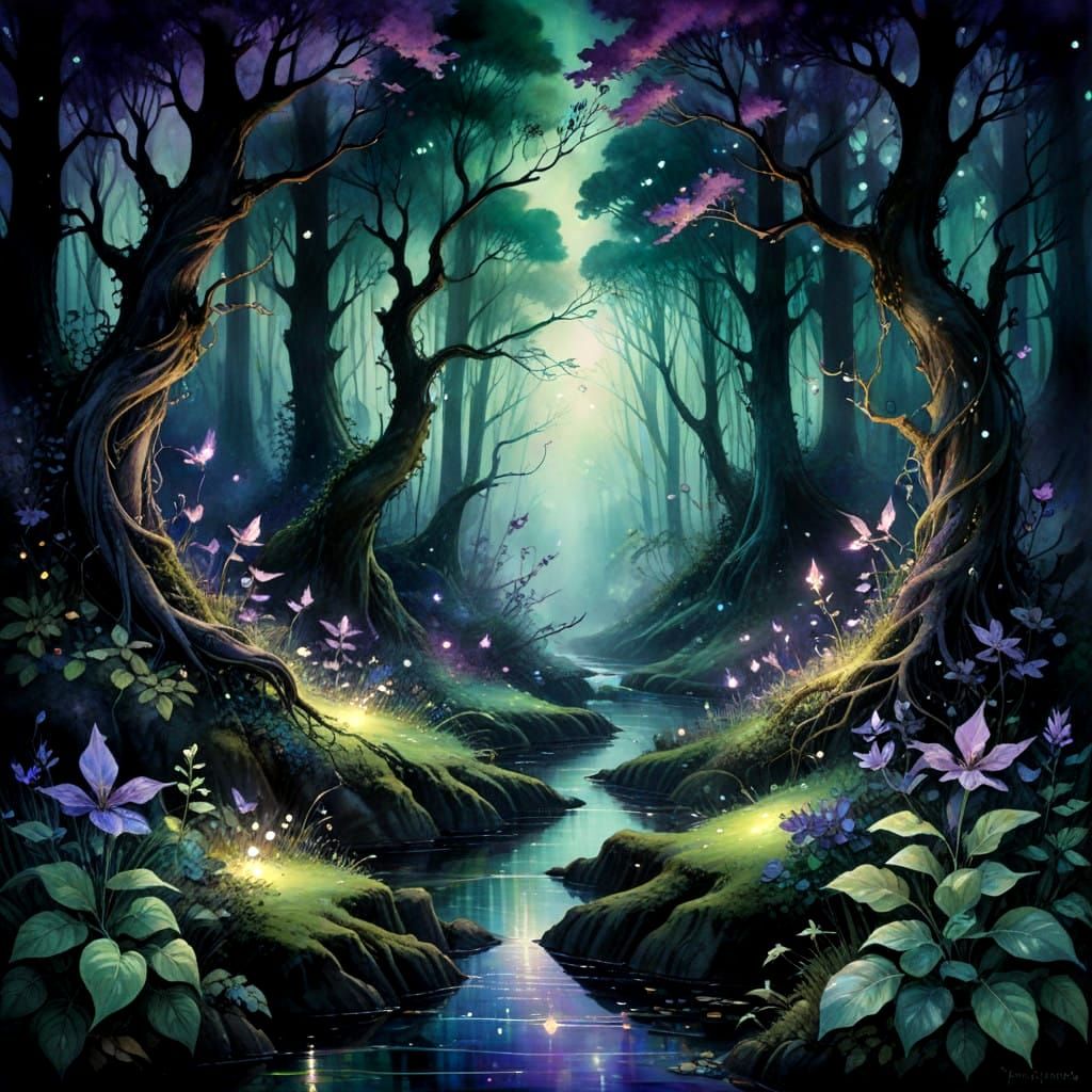 Mystical Watercolor Forest in Dreamlike Tones