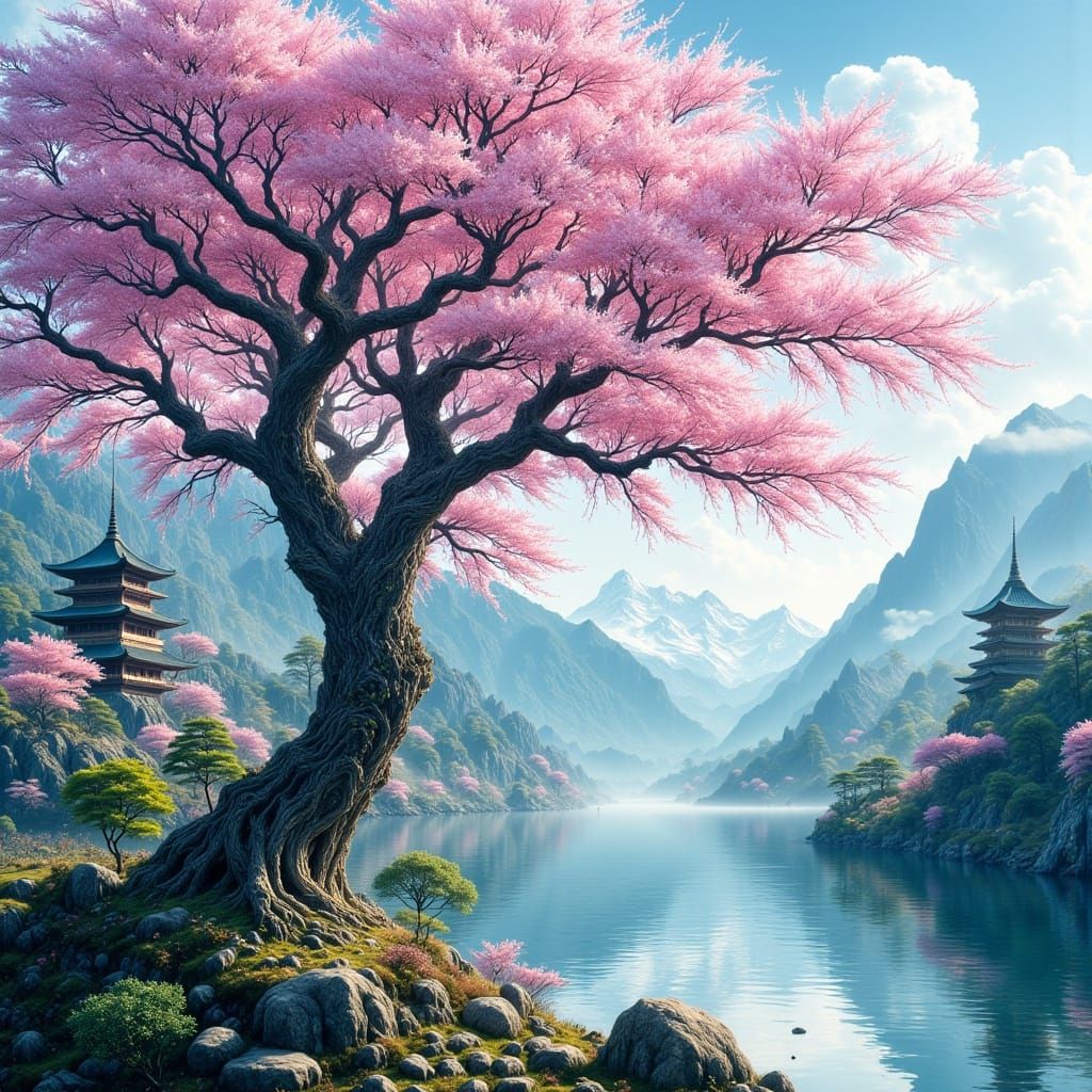 Ancient Sakura Tree by Lake, Dreamy Japanese Art