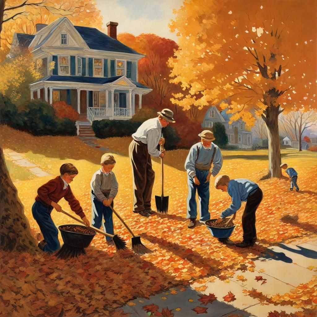 Family Raking Leaves in Autumn Impressionism
