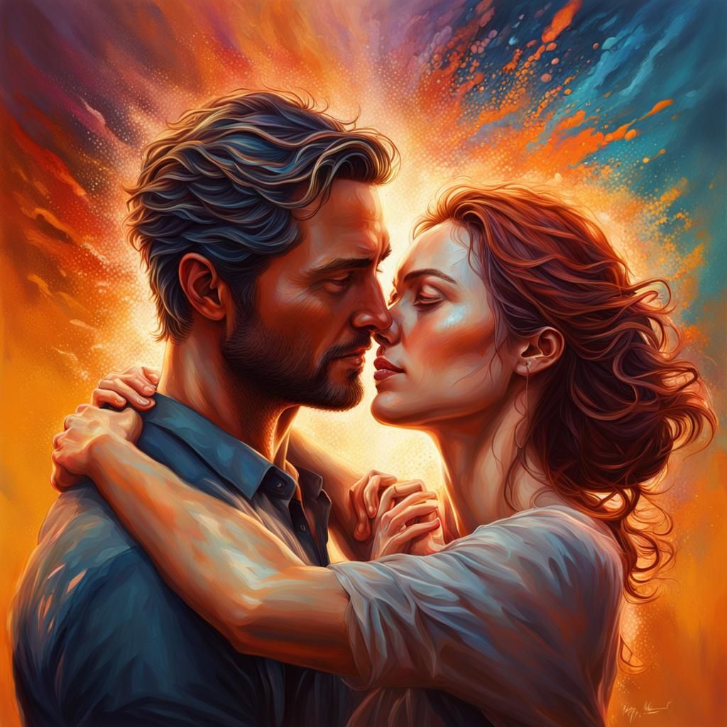 Man holding woman gently, sweetly loving her.