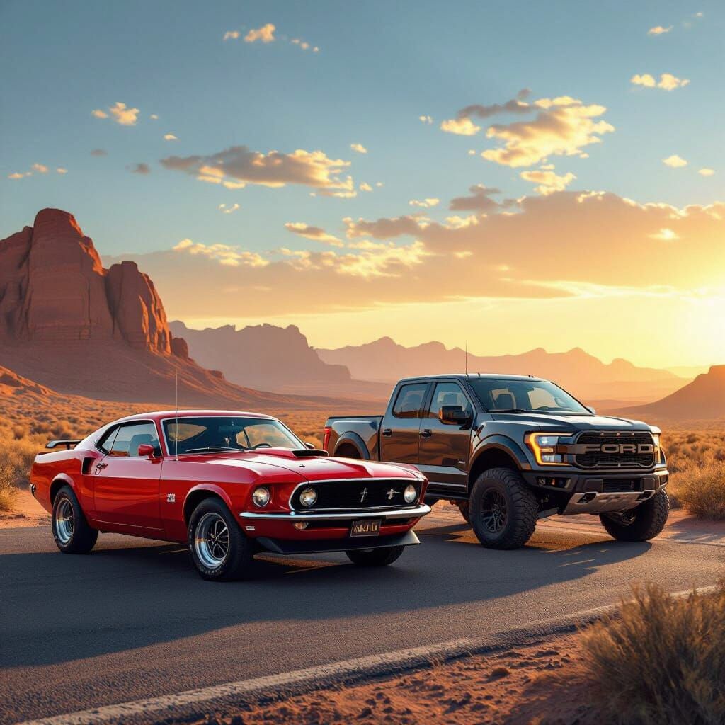 Classic Muscle Car and Off-Road Truck in Desert