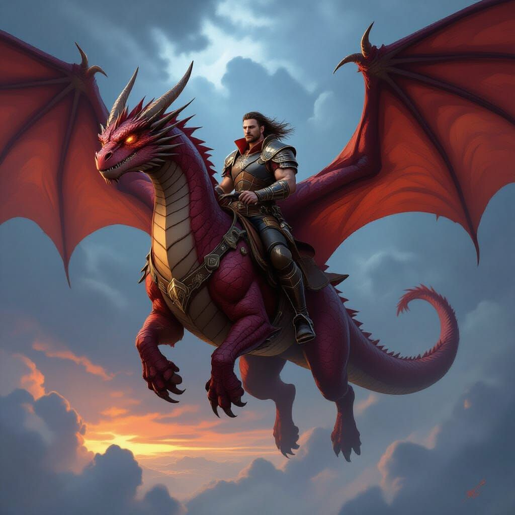 Dragon Rider Soars Through Stormy Skies with Colossal Dragon