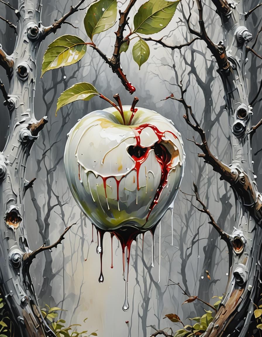 Bloody Apple in Wax, Gouache Impressionist Style