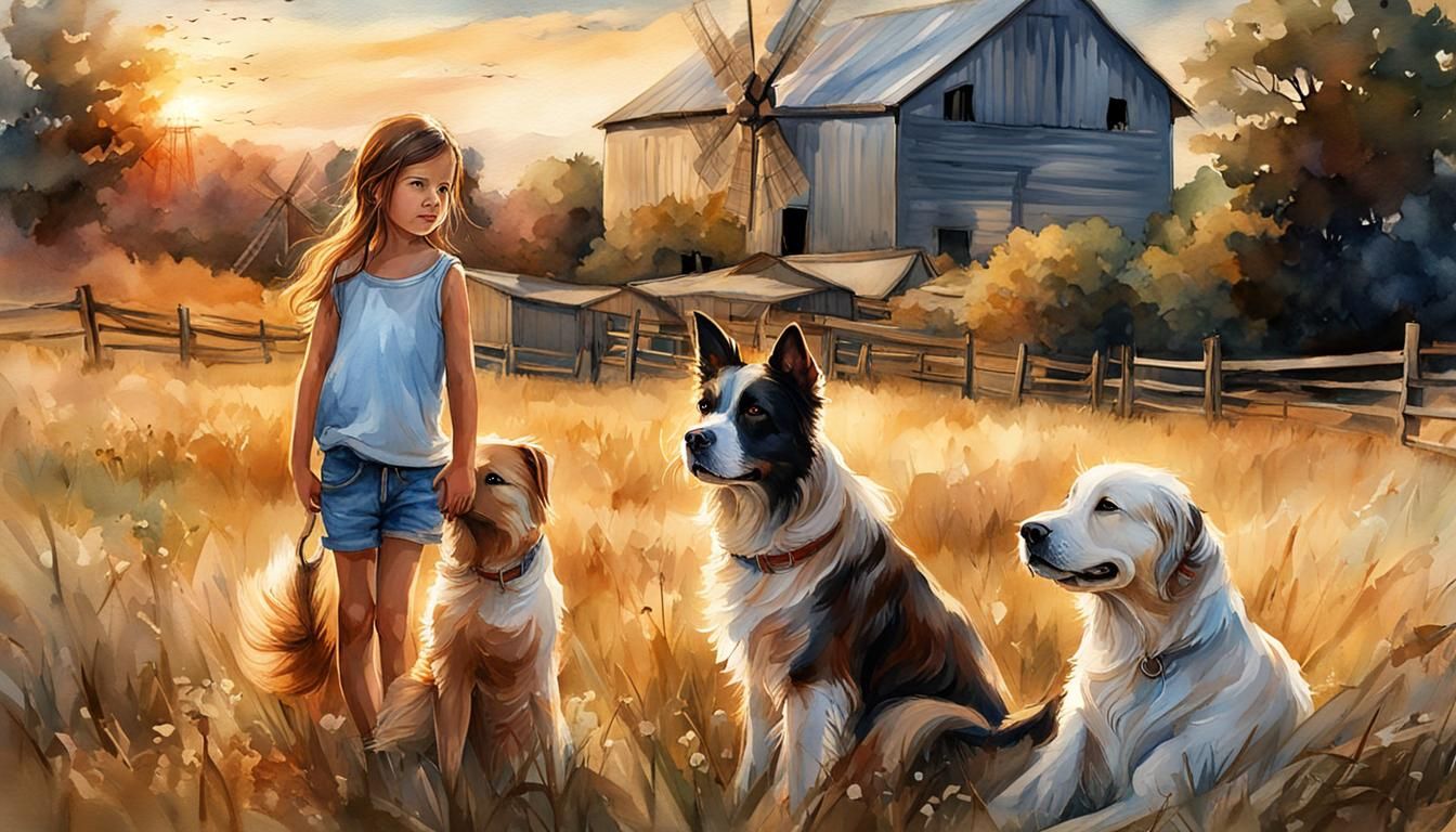 Watercolor Farm Dog Summerscape at Blue Hour