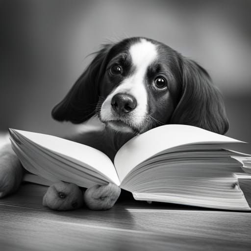 Dog Doing Homework in Black and White