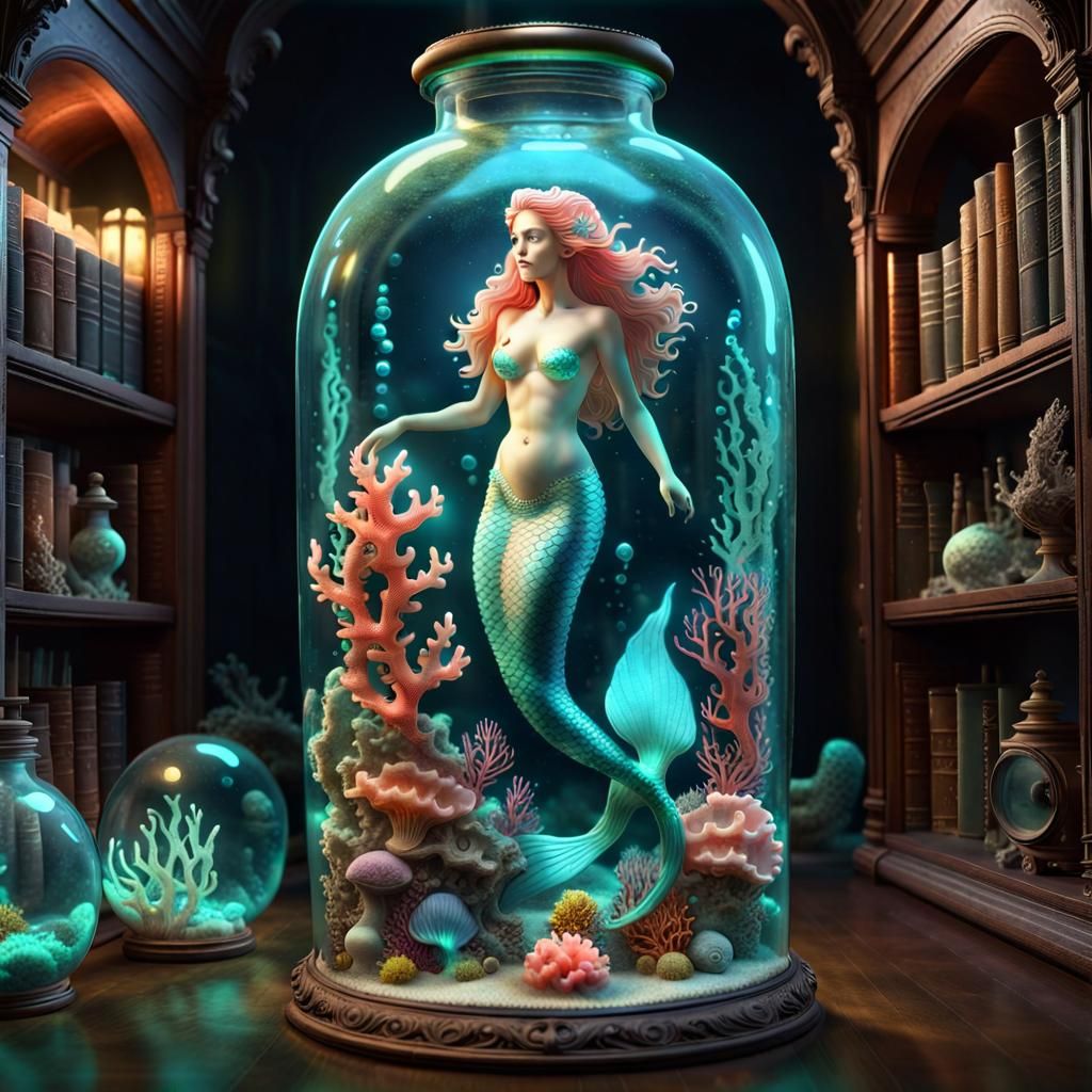 Glowing captured Mermaid in a bottle in a extravagant historical library