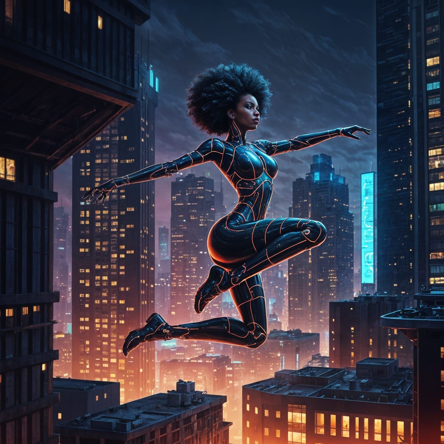 Bold Afro-Caribbean Woman Cyborg Leaps Through Futuristic Ci...