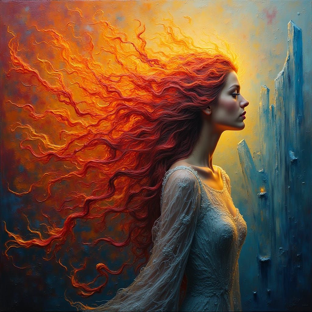 Surrealistic Woman in Blazing Flame Hair, Against Icy, Cryst...