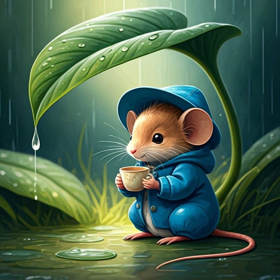 Cartoon Mouse Tea Party Under Leaf, Beatrix Potter Style