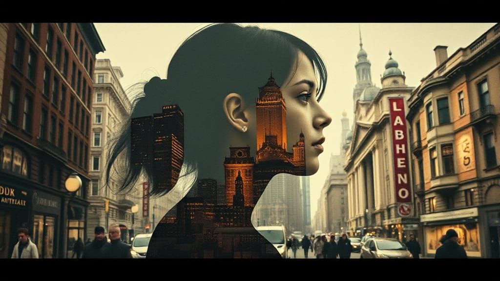 Fantastical Double Exposure Girl in Urban Collage