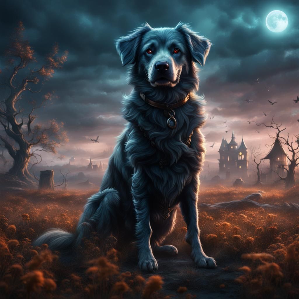 Mystic Dog in Haunted Field: Detailed Matte Painting