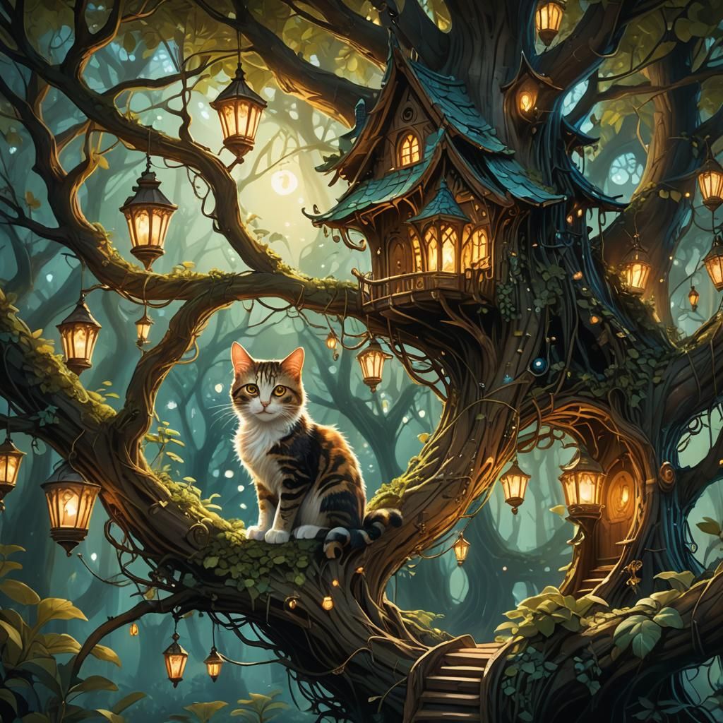 Mystical Cat in Ornate Treehouse Concept Art